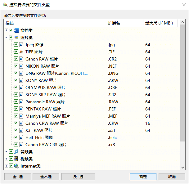 恢复指定类型的文件