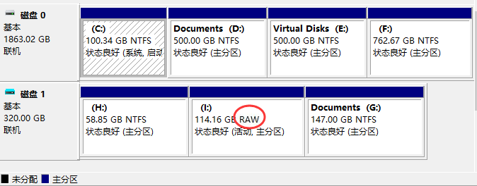 磁盘变成raw分区